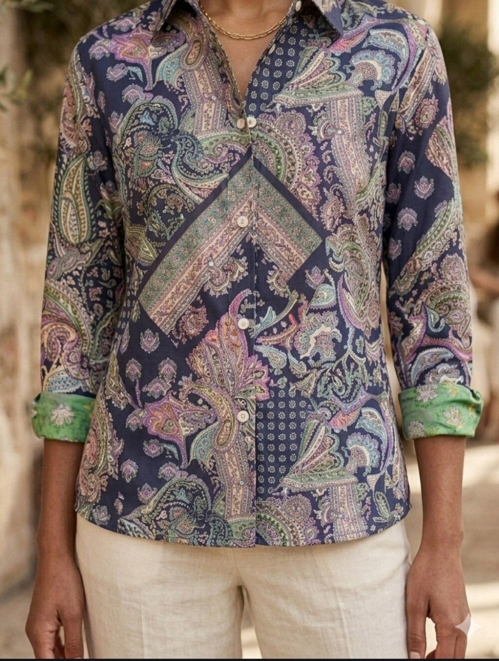 Ralph Lauren Womens No Iron Button Up Blouse Sz S Paisley Patchwork 100% Cotton